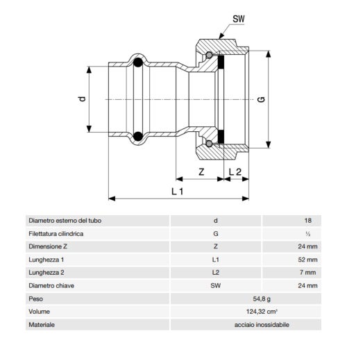 Immagine di Viega SANPRESS INOX bocchettone di Ø 18 x 1/2", in acciaio inox lucido con sc-contur (acqua) 437596