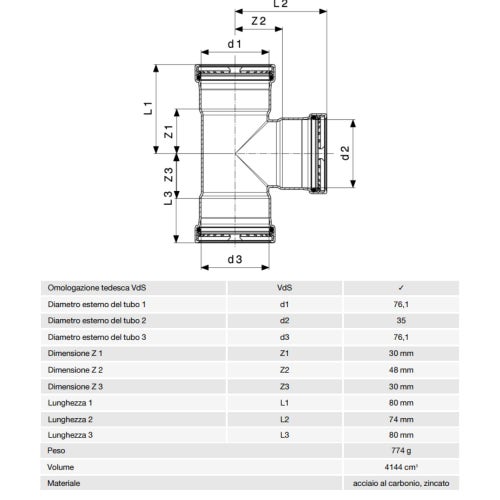 Immagine di Viega PRESTABO raccordo a T Ø 76 x 35 acciaio zincato con sc-contur  597894