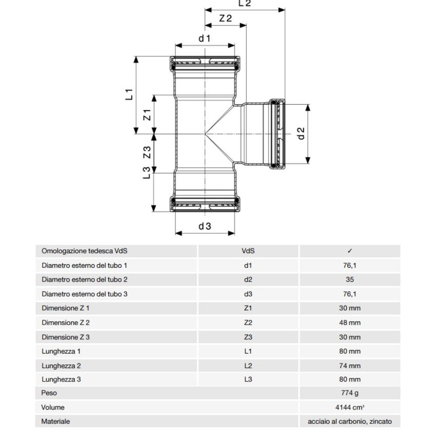 Immagine di Viega PRESTABO raccordo a T Ø 76 x 35 acciaio zincato con sc-contur  597894
