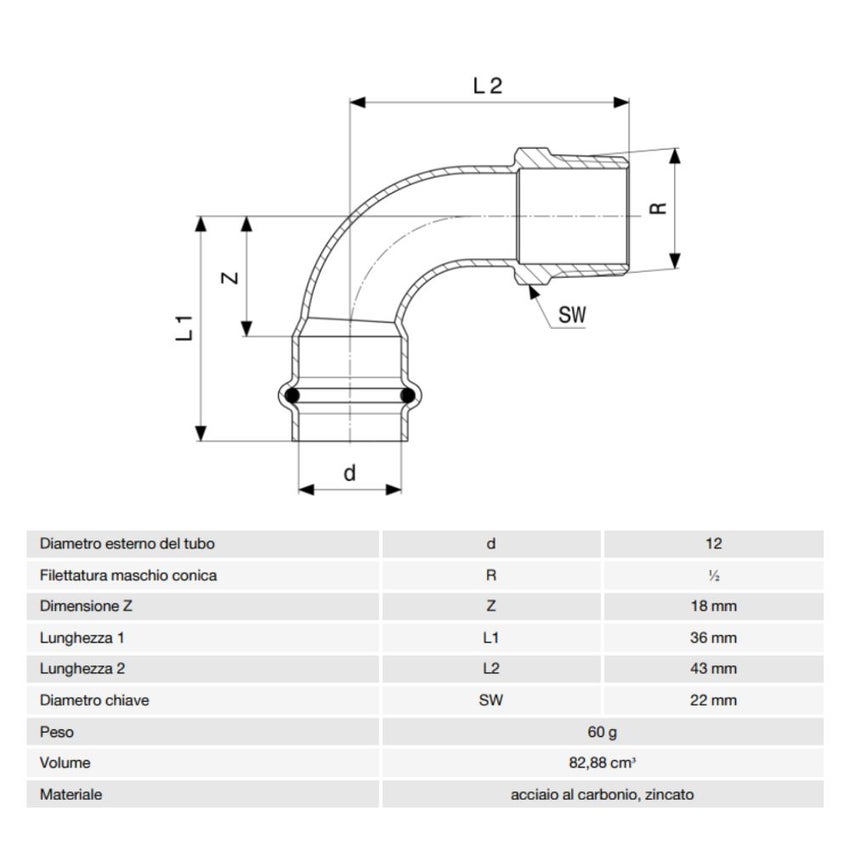 Immagine di Viega PRESTABO curva a 90° Ø 15 x 3/8" acciaio zincato con sc-contur  558406