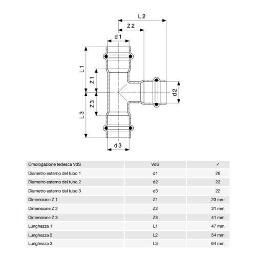 Immagine di Viega SANPRESS INOX raccordo a T di Ø 28 x 22, di inox lucido con sc-contur (acqua) 452506