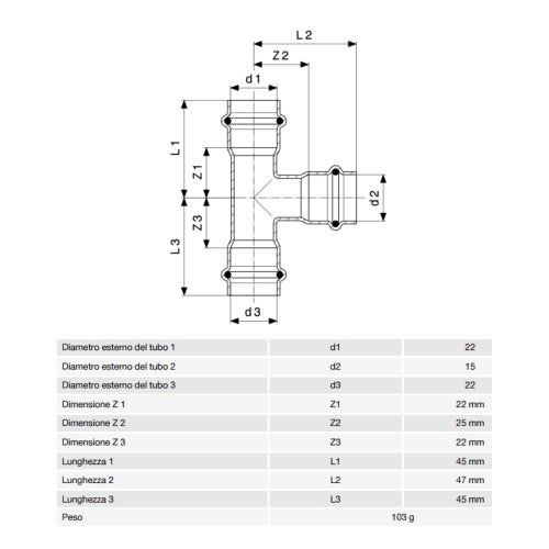 Immagine di Viega SANPRESS INOX raccordo a T di Ø 22 x 15, di inox lucido con sc-contur (acqua) 435936