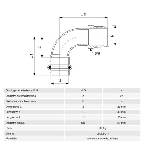 Immagine di Viega PRESTABO curva a 90° Ø 22 x 1/2" acciaio zincato con sc-contur  704643