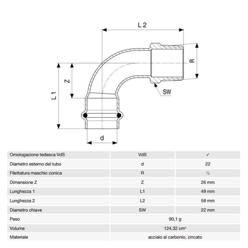 Immagine di Viega PRESTABO curva a 90° Ø 22 x 1/2" acciaio zincato con sc-contur  704643