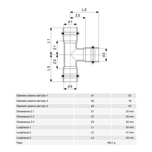 Immagine di Viega SANPRESS INOX raccordo a T di Ø 22 x 18, di inox lucido con sc-contur (acqua) 435943