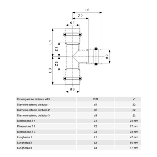 Immagine di Viega SANPRESS INOX raccordo a T di Ø 22, di inox lucido con sc-contur (acqua) 435875