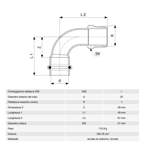 Immagine di Viega PRESTABO curva a 90° Ø 22 x 3/4" acciaio zincato con sc-contur  558437