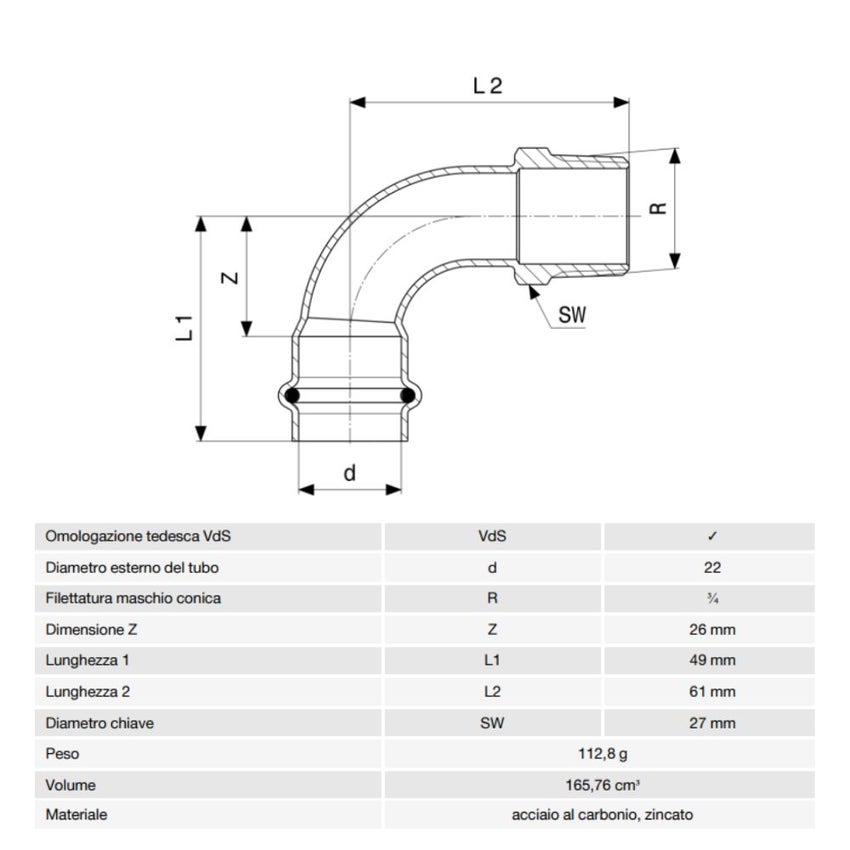 Immagine di Viega PRESTABO curva a 90° Ø 22 x 3/4" acciaio zincato con sc-contur  558437
