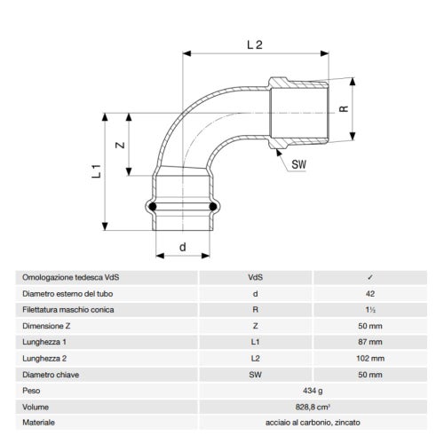 Immagine di Viega PRESTABO curva a 90° Ø 42 x 1 1/2" acciaio zincato con sc-contur  558468