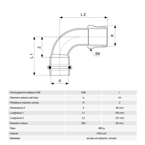 Immagine di Viega PRESTABO curva a 90° Ø 54 x 2" acciaio zincato con sc-contur  558475