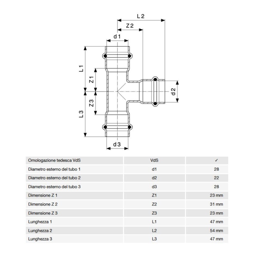 Immagine di Viega SANPRESS INOX raccordo a T di Ø 28 x 22, di inox lucido con sc-contur (acqua) 435974