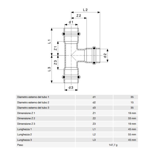 Immagine di Viega SANPRESS INOX raccordo a T di Ø 35 x 15, di inox lucido con sc-contur (acqua) 435981