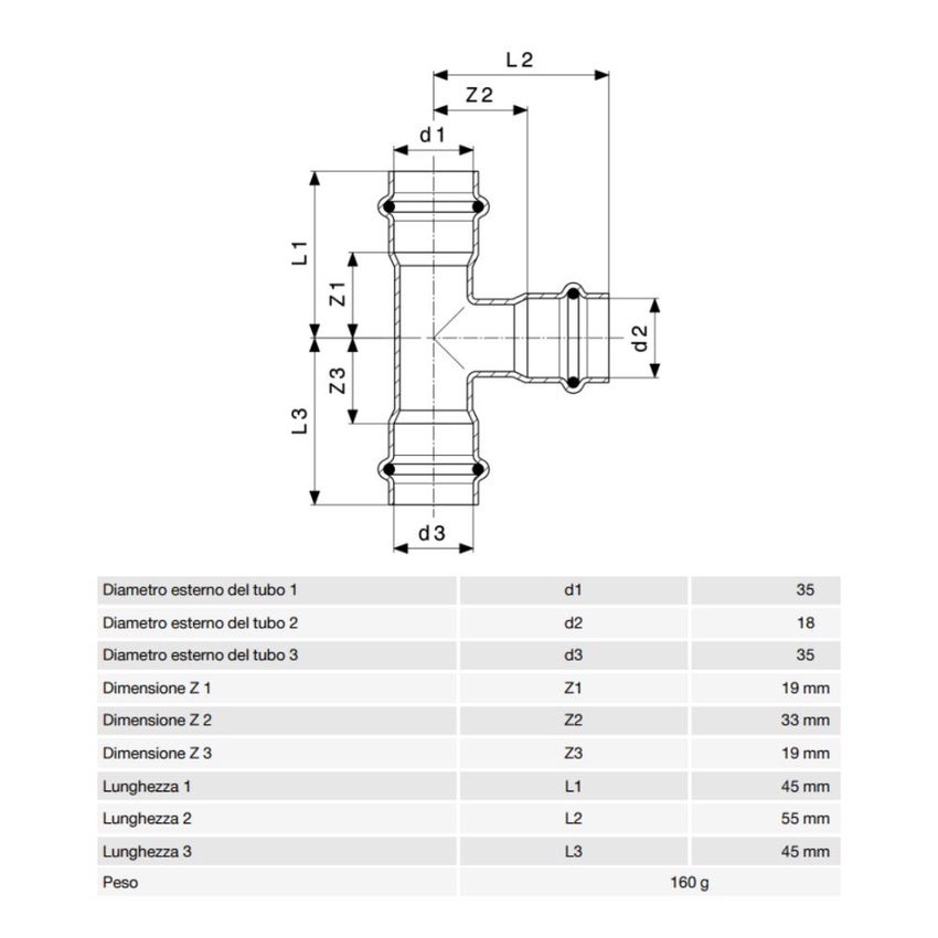 Immagine di Viega SANPRESS INOX raccordo a T di Ø 35 x 18, di inox lucido con sc-contur (acqua) 435998