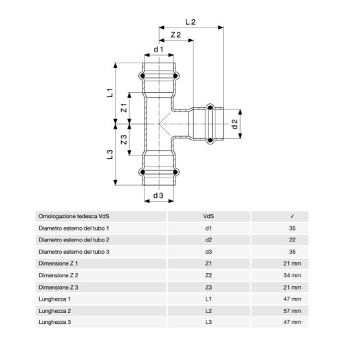 Immagine di Viega SANPRESS INOX raccordo a T di Ø 35 x 22, di inox lucido con sc-contur (acqua) 436001
