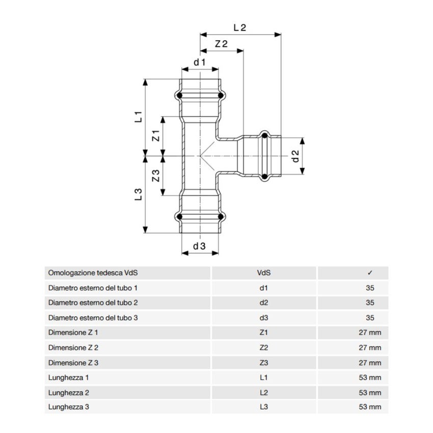 Immagine di Viega SANPRESS INOX raccordo a T di Ø 35, di inox lucido con sc-contur (acqua) 435899