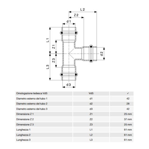Immagine di Viega SANPRESS INOX raccordo a T di Ø 42 x 28, di inox lucido con sc-contur (acqua) 436049