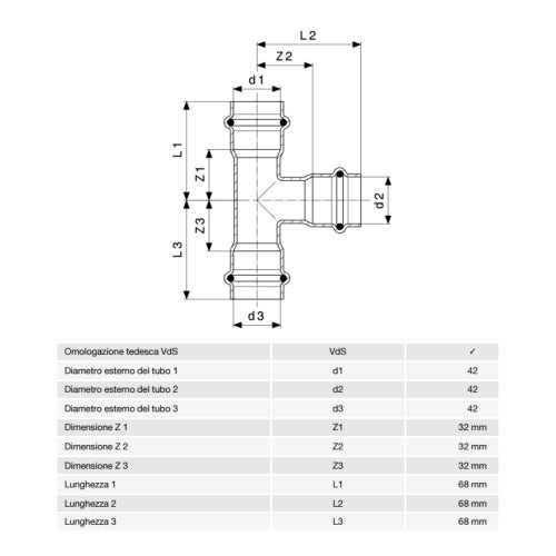 Immagine di Viega SANPRESS INOX raccordo a T di Ø 42, di inox lucido con sc-contur (acqua) 435905