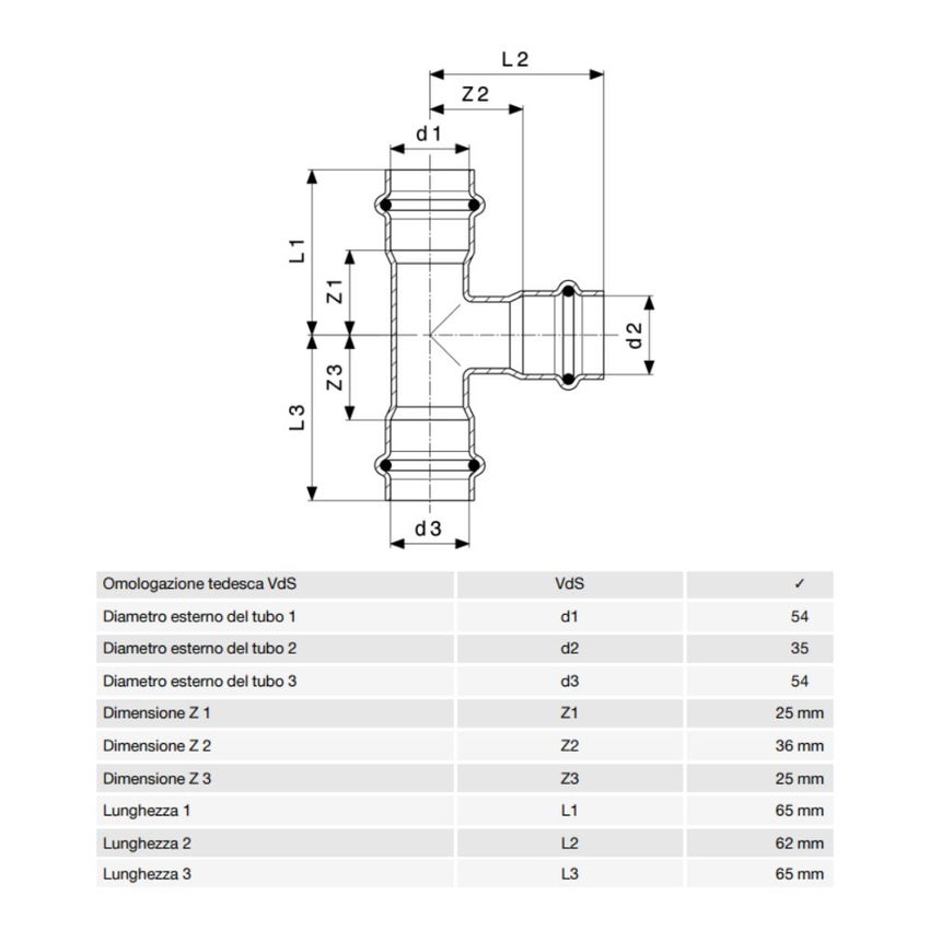 Immagine di Viega SANPRESS INOX raccordo a T di Ø 54 x 35, di inox lucido con sc-contur (acqua) 436063