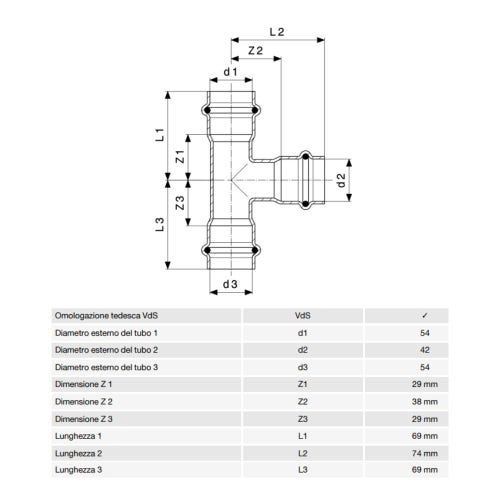 Immagine di Viega SANPRESS INOX raccordo a T di Ø 54 x 42, di inox lucido con sc-contur (acqua) 436070