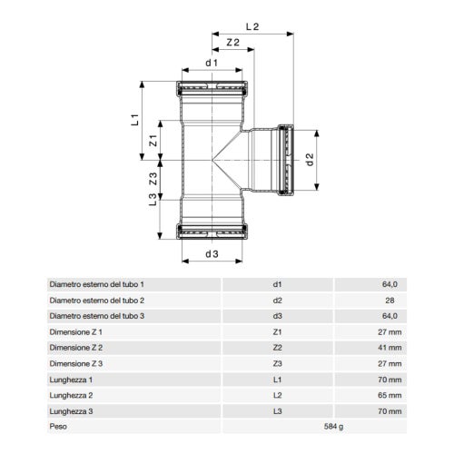 Immagine di Viega SANPRESS INOX XL raccordo a T di Ø 64 x 28, di inox lucido con sc-contur (acqua) 578060