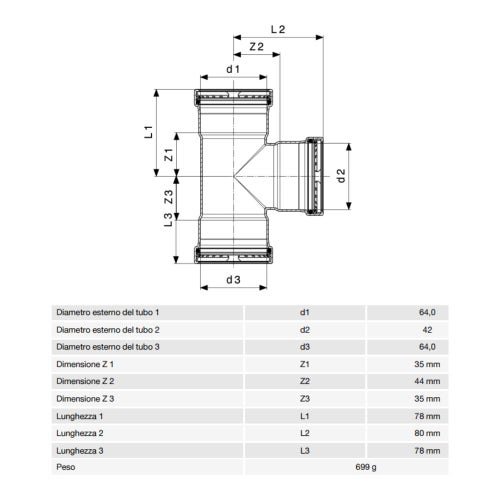 Immagine di Viega SANPRESS INOX XL raccordo a T di Ø 64 x 42, di inox lucido con sc-contur (acqua) 578046