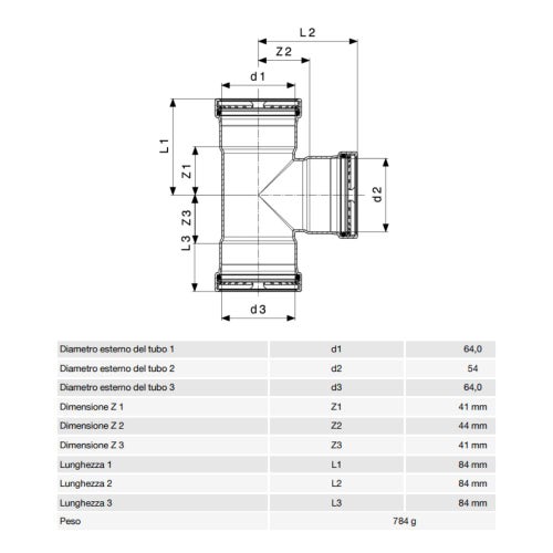 Immagine di Viega SANPRESS INOX XL raccordo a T di Ø 64 x 54, di inox lucido con sc-contur (acqua) 578039