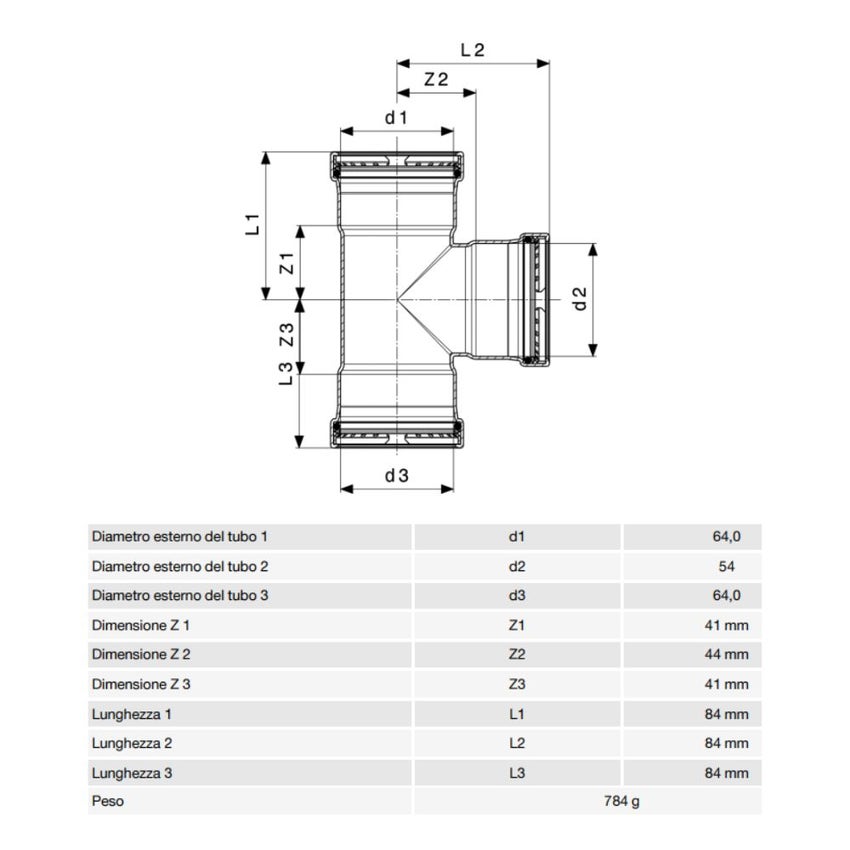 Immagine di Viega SANPRESS INOX XL raccordo a T di Ø 64 x 54, di inox lucido con sc-contur (acqua) 578039