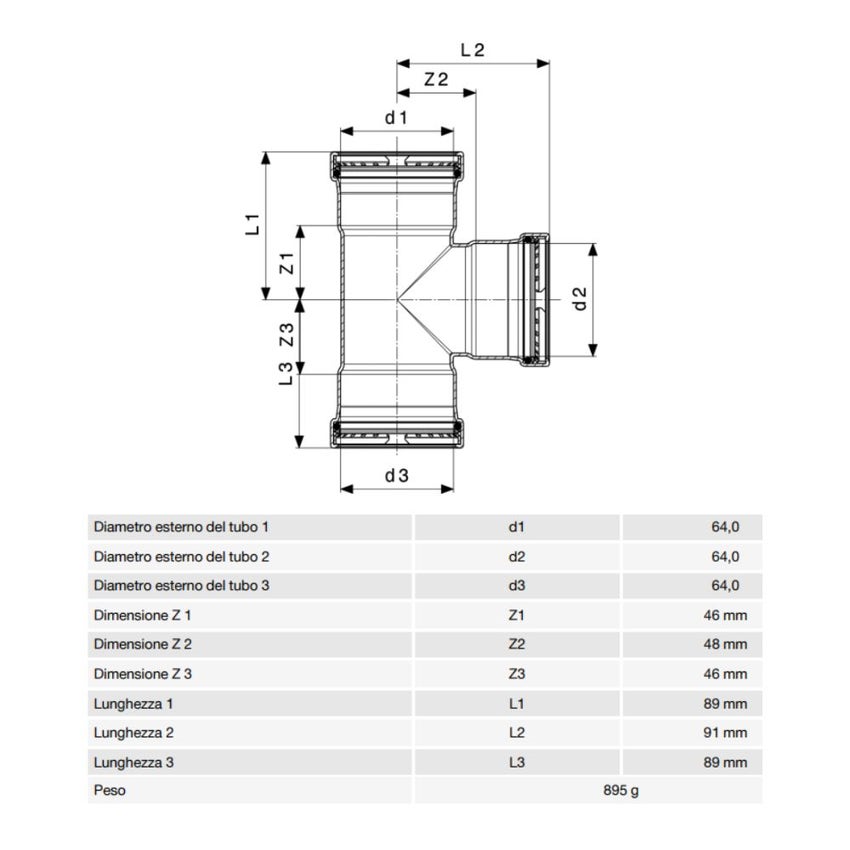 Immagine di Viega SANPRESS INOX XL raccordo a T di Ø 64, di inox lucido con sc-contur (acqua) 578022