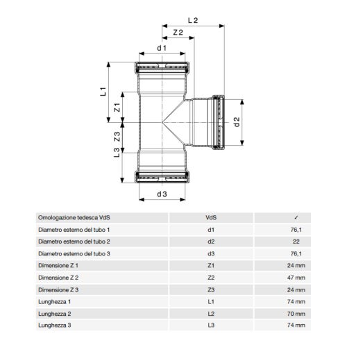 Immagine di Viega SANPRESS INOX XL raccordo a T di Ø 76 x 22, di inox lucido con sc-contur (acqua) 483005