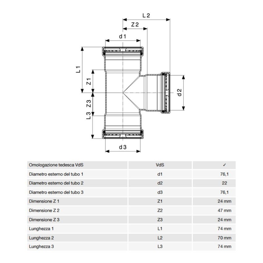 Immagine di Viega SANPRESS INOX XL raccordo a T di Ø 76 x 22, di inox lucido con sc-contur (acqua) 483005