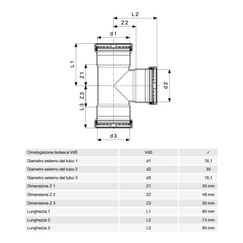 Immagine di Viega SANPRESS INOX XL raccordo a T di Ø 76 x 35, di inox lucido con sc-contur (acqua) 483029