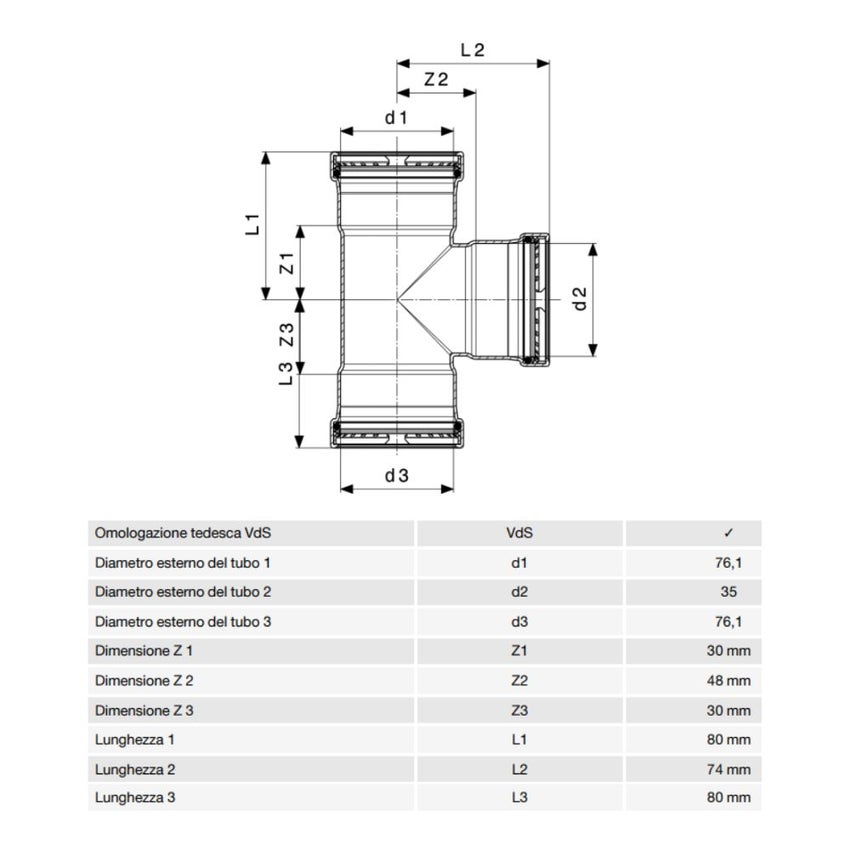 Immagine di Viega SANPRESS INOX XL raccordo a T di Ø 76 x 35, di inox lucido con sc-contur (acqua) 483029