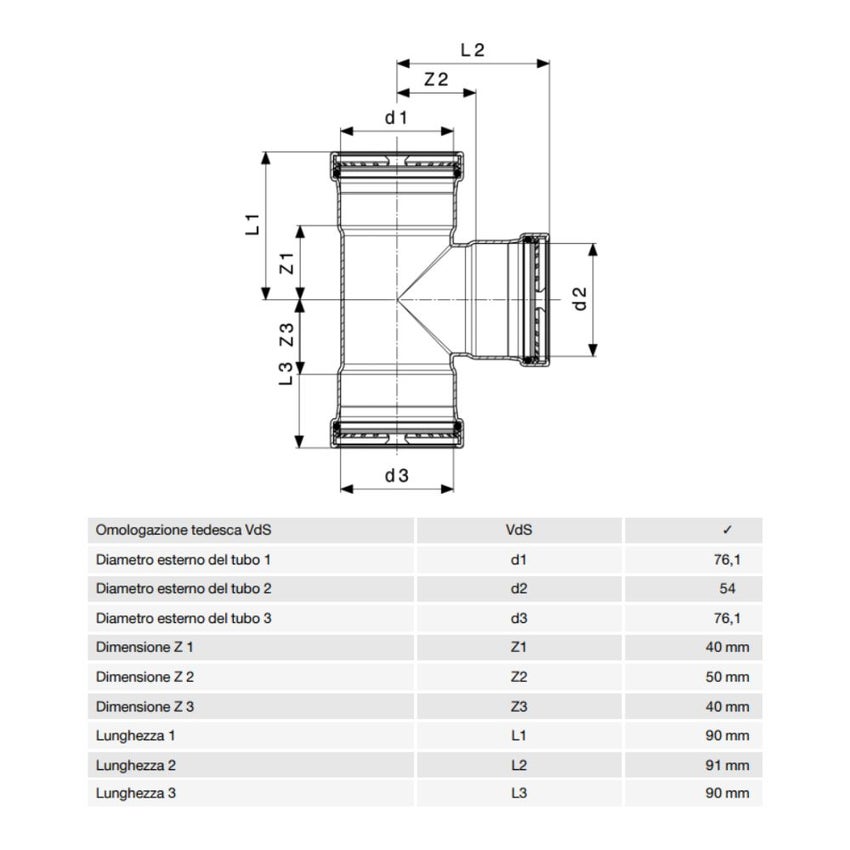 Immagine di Viega SANPRESS INOX XL raccordo a T di Ø 76 x 54, di inox lucido con sc-contur (acqua) 482725