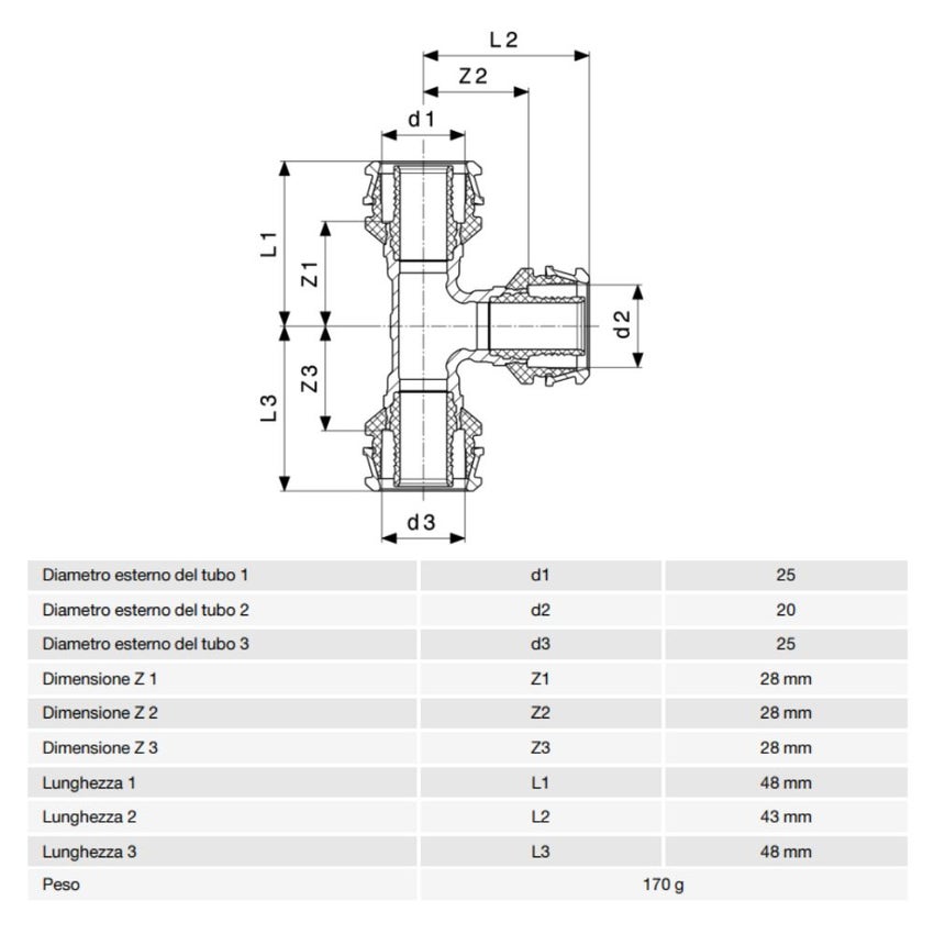 Immagine di Viega RAXOFIX raccordo a T Ø 25 x 20 x 25 bronzo al silicio lucido con sc-contur 647384