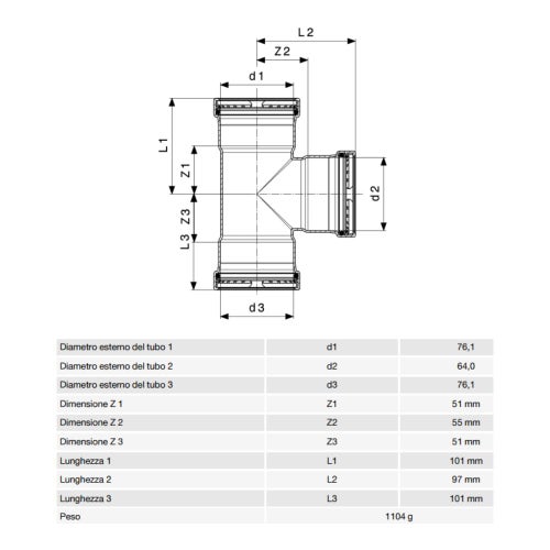 Immagine di Viega SANPRESS INOX XL raccordo a T di Ø 76 x 64, di inox lucido con sc-contur (acqua) 593360