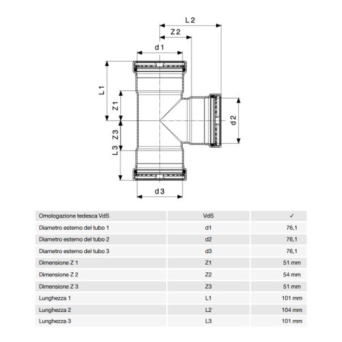 Immagine di Viega SANPRESS INOX XL raccordo a T di Ø 76, di inox lucido con sc-contur (acqua) 482718