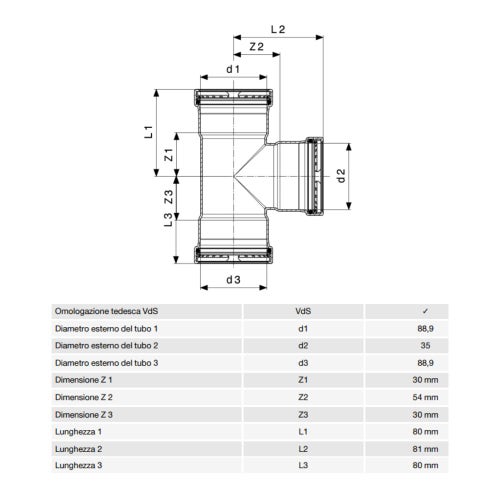 Immagine di Viega SANPRESS INOX XL raccordo a T di Ø 89 x 35, di inox lucido con sc-contur (acqua) 483067