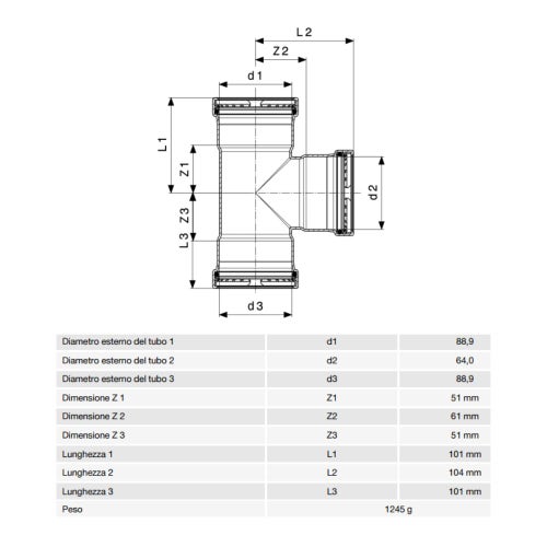 Immagine di Viega SANPRESS INOX XL raccordo a T di Ø 89 x 64, di inox lucido con sc-contur (acqua) 593377