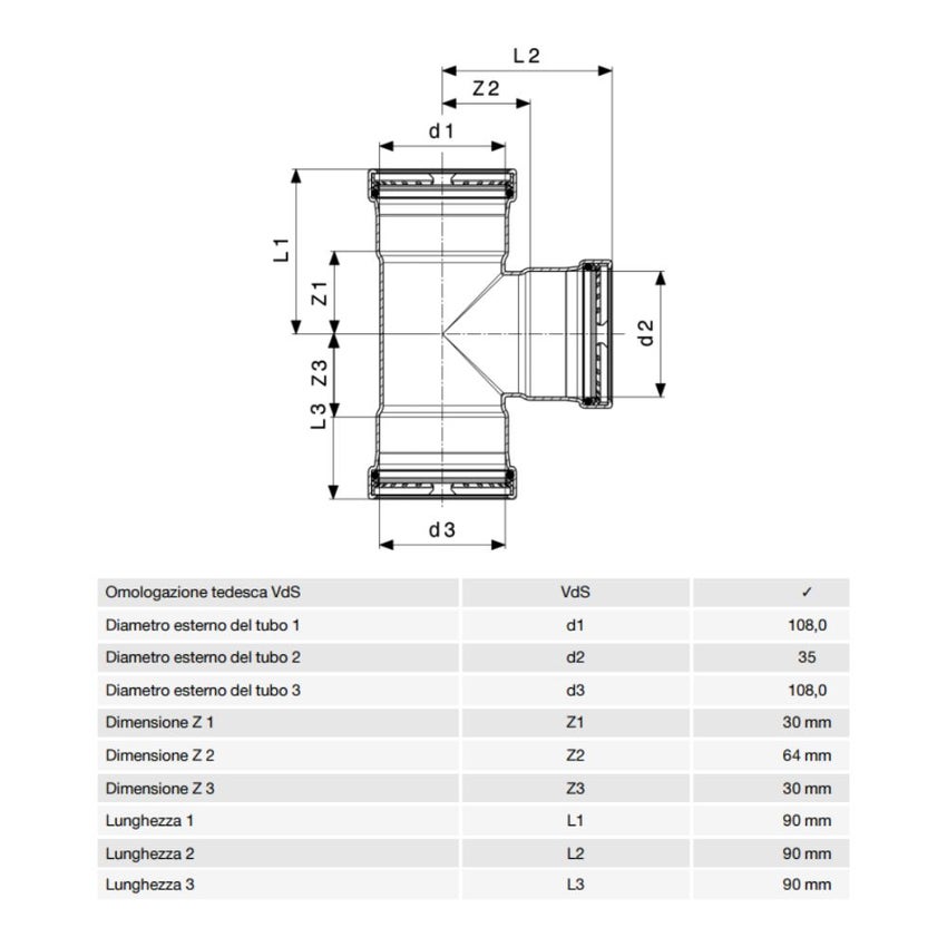 Immagine di Viega SANPRESS INOX XL raccordo a T di Ø 108 x 35, di inox lucido con sc-contur (acqua) 483104