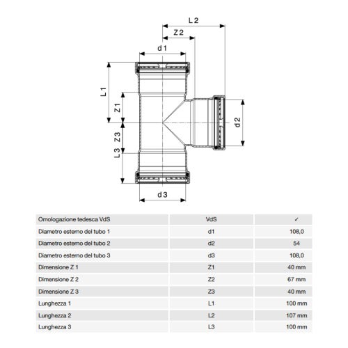 Immagine di Viega SANPRESS INOX XL raccordo a T di Ø 108 x 54, di inox lucido con sc-contur (acqua) 482770