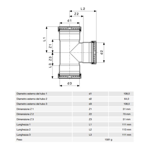 Immagine di Viega SANPRESS INOX XL raccordo a T di Ø 108 x 64, di inox lucido con sc-contur (acqua) 593384