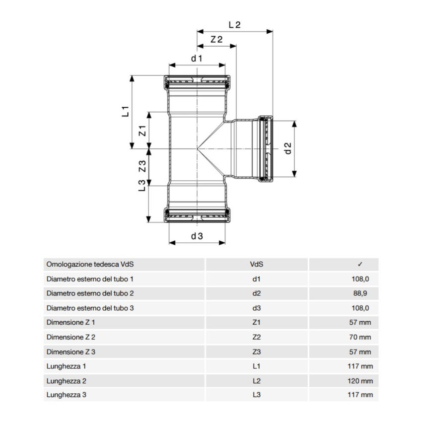 Immagine di Viega SANPRESS INOX XL raccordo a T di Ø 108 x 89, di inox lucido con sc-contur (acqua) 482794