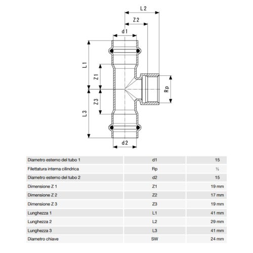 Immagine di Viega SANPRESS INOX raccordo a T di Ø 15 x 1/2", con filetto femmina, di inox lucido con sc-contur (acqua) 437145
