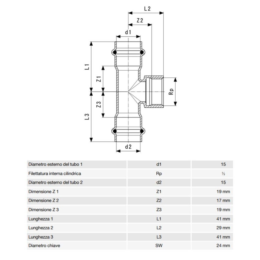 Immagine di Viega SANPRESS INOX raccordo a T di Ø 15 x 1/2", con filetto femmina, di inox lucido con sc-contur (acqua) 437145