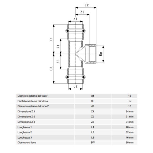 Immagine di Viega SANPRESS INOX raccordo a T di Ø 18 x 3/4", con filetto femmina, di inox lucido con sc-contur (acqua) 437169