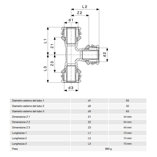 Immagine di Viega RAXOFIX raccordo a T Ø 63 x 32 bronzo al silicio lucido con sc-contur 647599