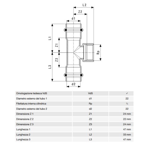 Immagine di Viega SANPRESS INOX raccordo a T di Ø 22 x 3/4", con filetto femmina, di inox lucido con sc-contur (acqua) 437183