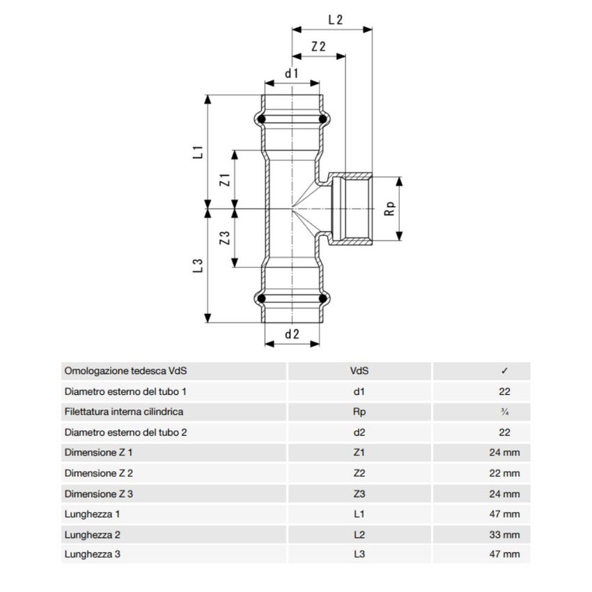 Immagine di Viega SANPRESS INOX raccordo a T di Ø 22 x 3/4", con filetto femmina, di inox lucido con sc-contur (acqua) 437183