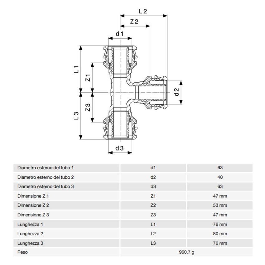 Immagine di Viega RAXOFIX raccordo a T Ø 63 x 40 bronzo al silicio lucido con sc-contur 647605
