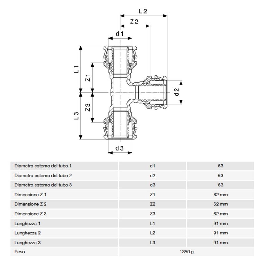 Immagine di Viega RAXOFIX raccordo a T Ø 63 bronzo al silicio lucido con sc-contur 647575